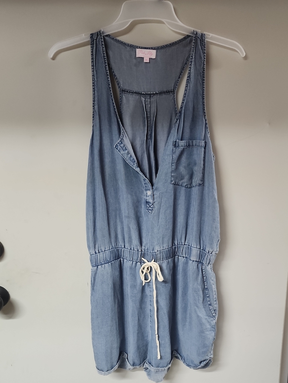 Pink Lily Light Blue Denim Romper with Drawstring